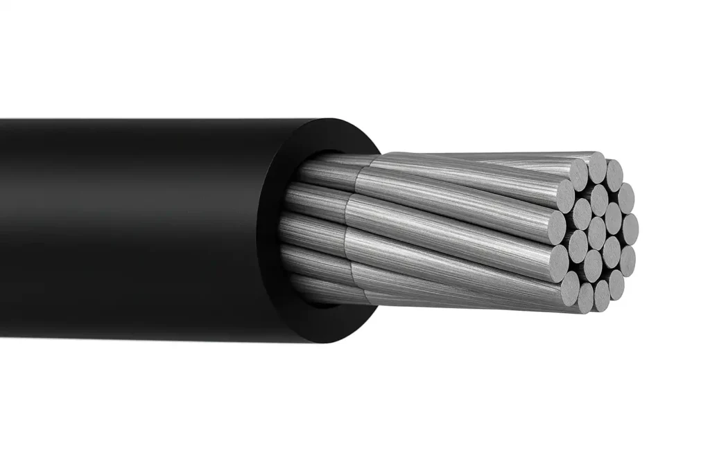 Aluminum conductor cable with black insulation for industrial use.