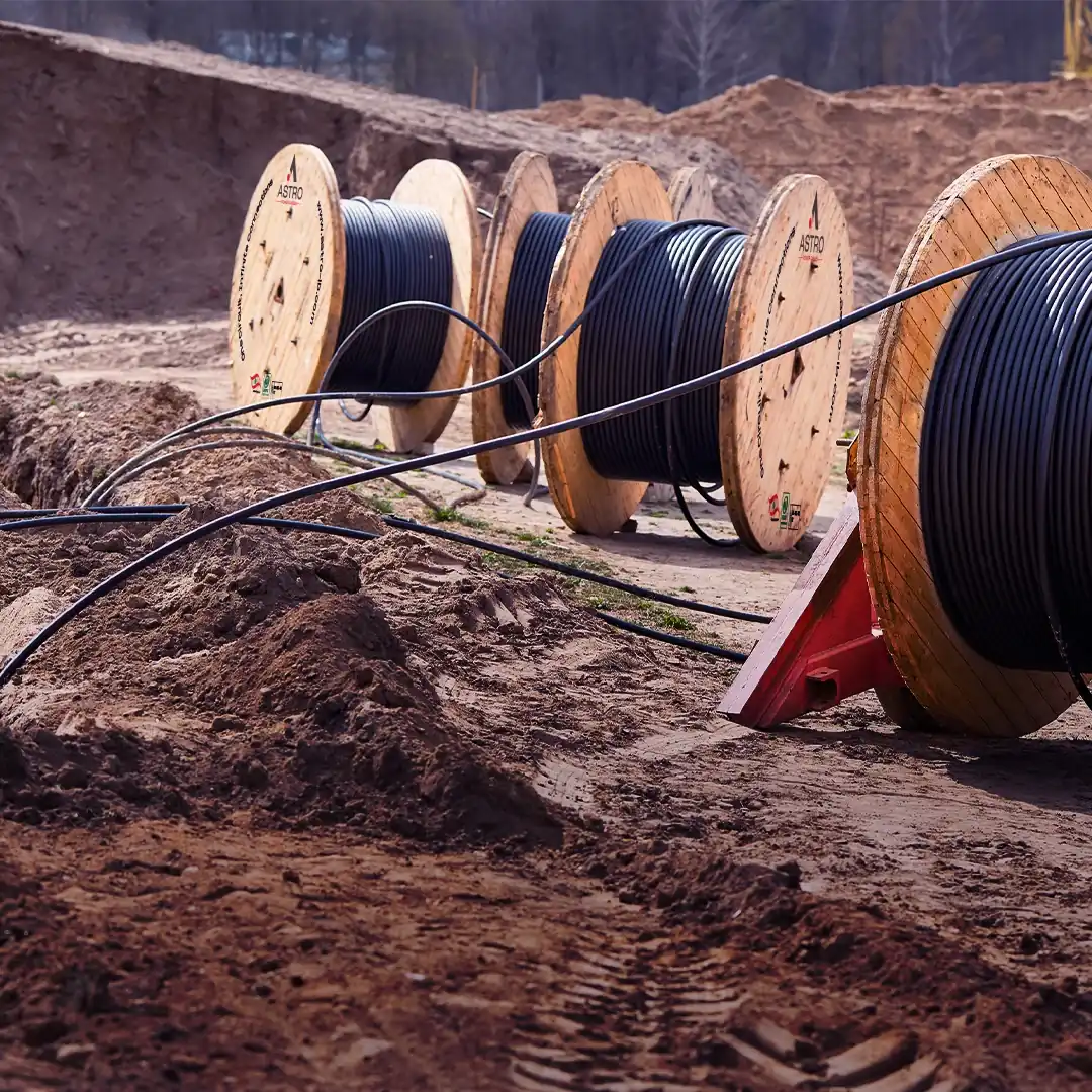 Astro Cables' outdoor cable reels on a construction site.