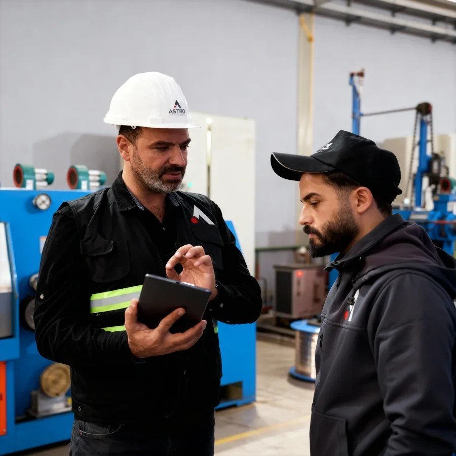 Astro Cables team discussing production process in the factory.