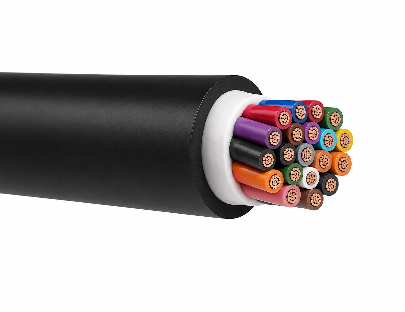 Cutaway of a multi-core control cable showing colour-coded copper conductors inside a black PVC sheath