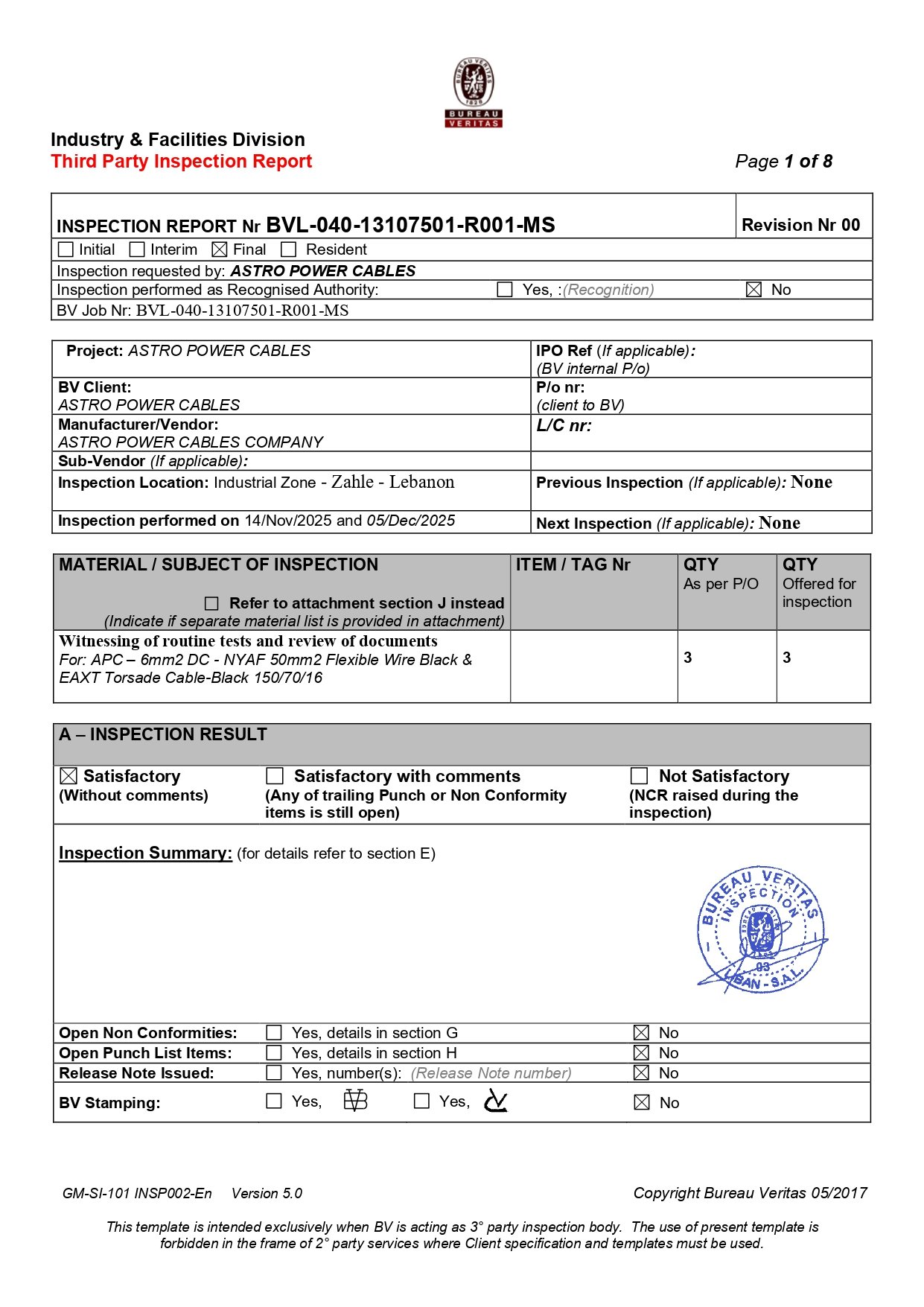 Bureau Veritas third-party inspection report BVL-040-13107501-R001-MS for Astro Power Cables, page 1