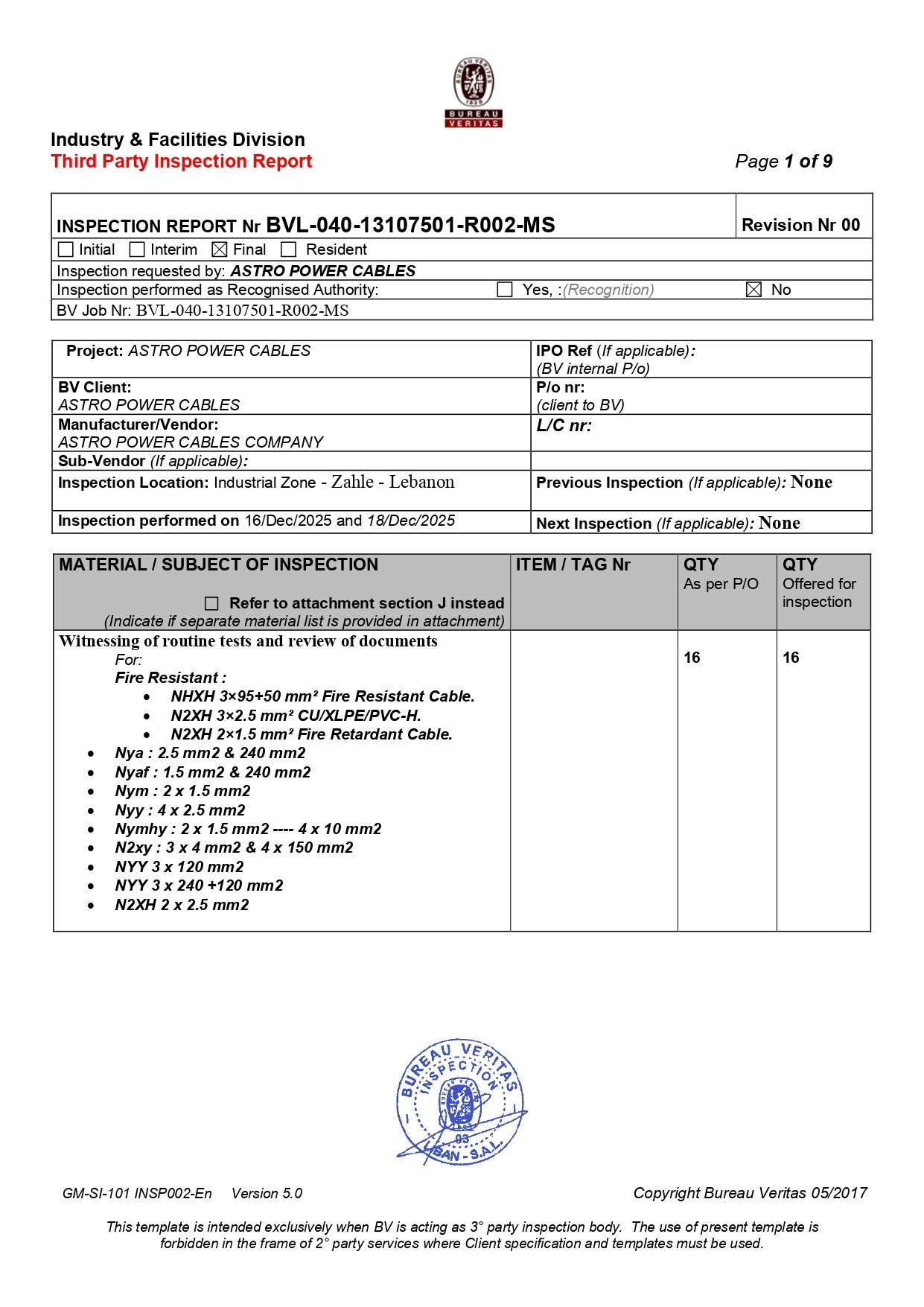 Bureau Veritas third-party inspection report BVL-040-13107501-R002-MS for Astro Power Cables, page 1